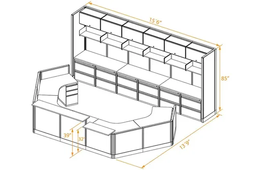  Half Hexagon Reception Desk with Office Storage Wall