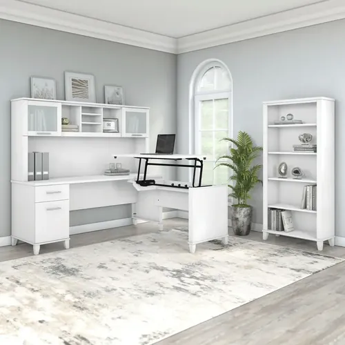  Modern Home Office Standing Desk With 5 Shelf Bookcase 