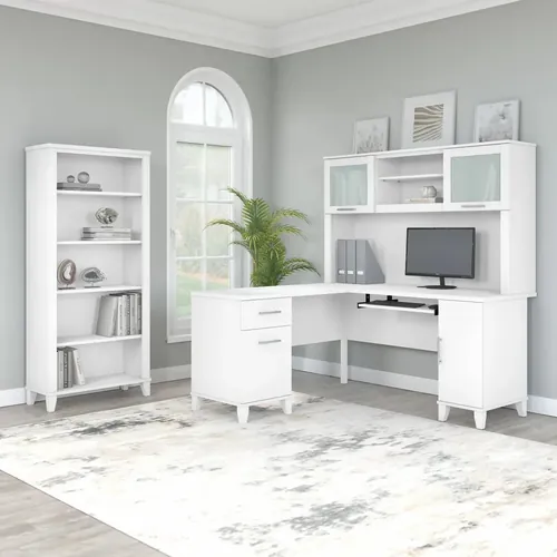  L Shaped Computer Desk With 5 Shelf Bookcase 60W