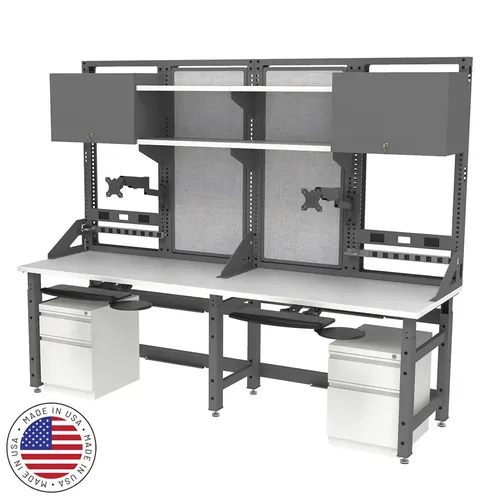  Two Person Workbench With Overhead Storage and Monitor Mounts 96W x 30D